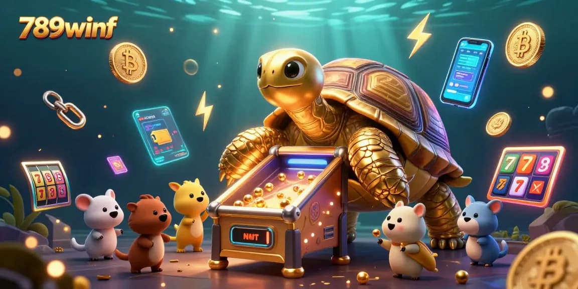 Play exciting games at 789winf with a captivating 3D illustration showcasing vibrant casino action and crypto elements.