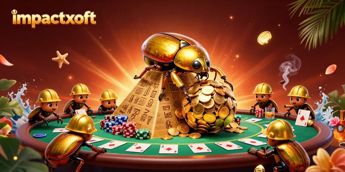 Experience the thrill with impactxoft, featuring a golden dung beetle amid casino symbols and poker chips.