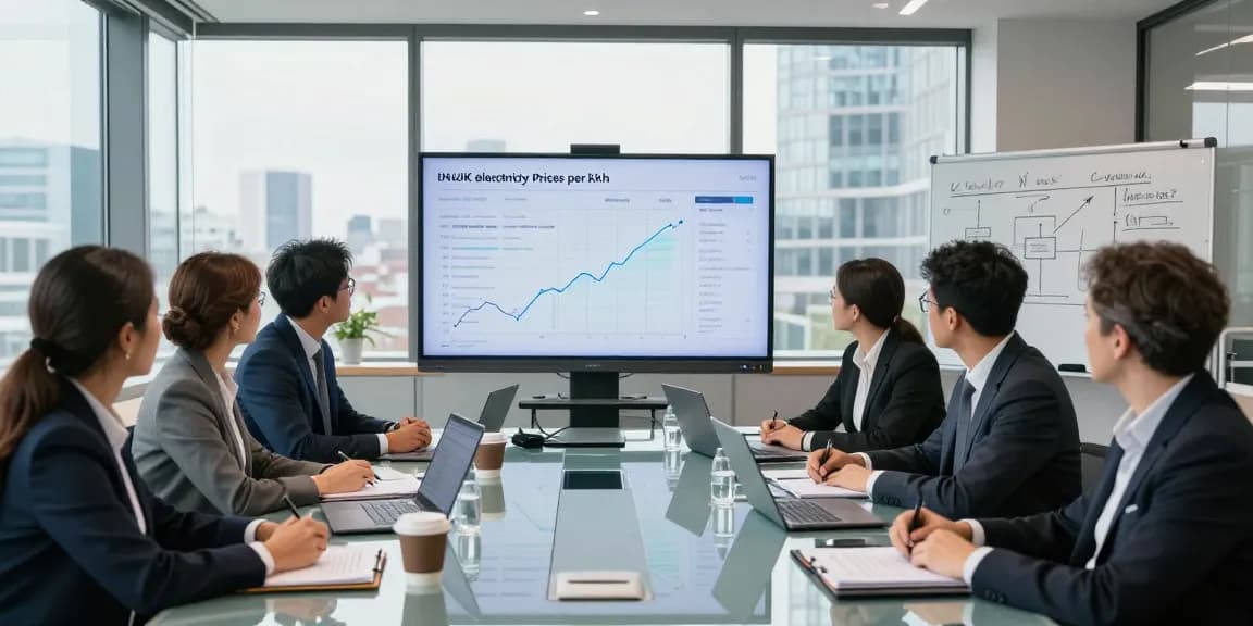 Business team discussing uk electricity price per kwh april 2026 in a modern office atmosphere.
