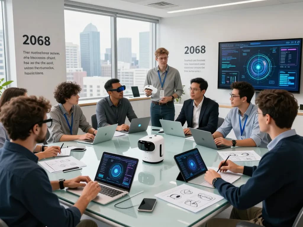 Innovators collaborating on the latest tech gadgets 2068 in a bright urban tech hub.