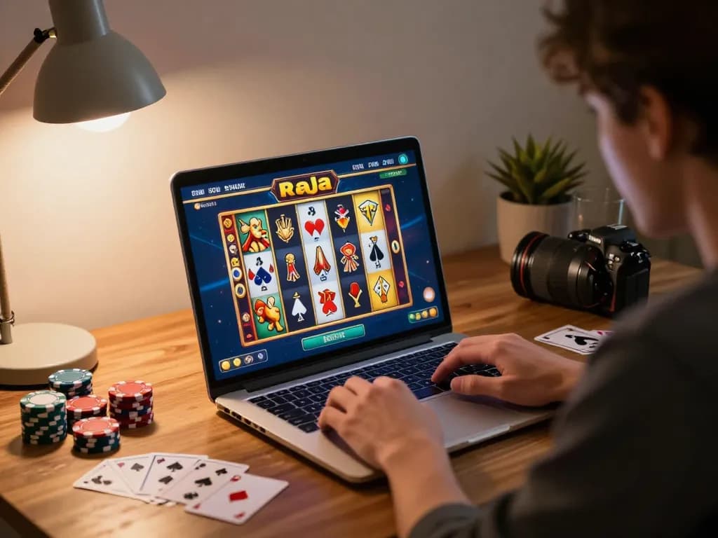 Pemain menikmati permainan raja slot di laptop, dikelilingi oleh chip poker, pencahayaan hangat.