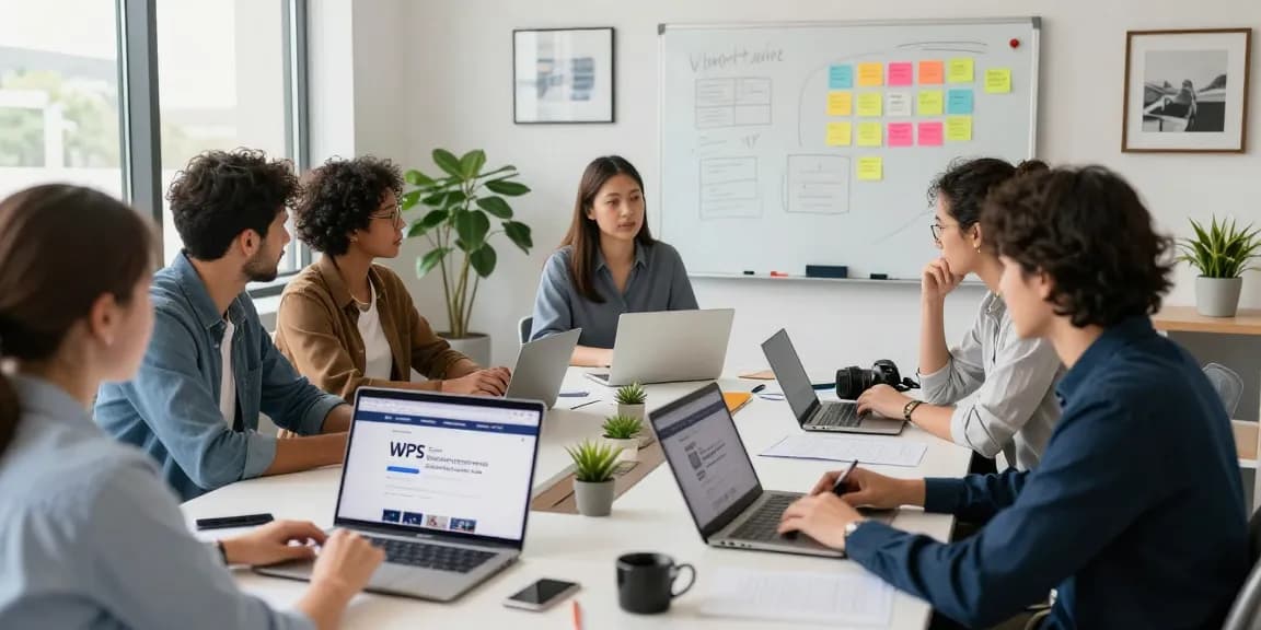 Engaged team collaborating in a modern office featuring the WPS Official Website for enhanced productivity.