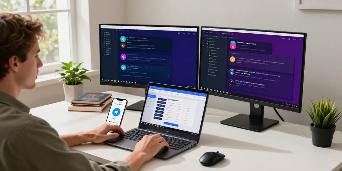 Accessing the Telegram web version in a modern workspace with dual monitors and stylish decor.