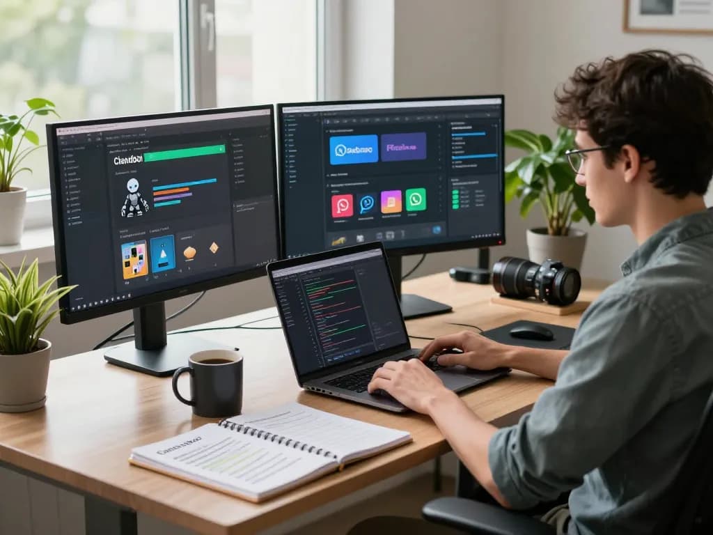 Developer using Clawdbot AI assistant on multiple monitors in a modern workspace.