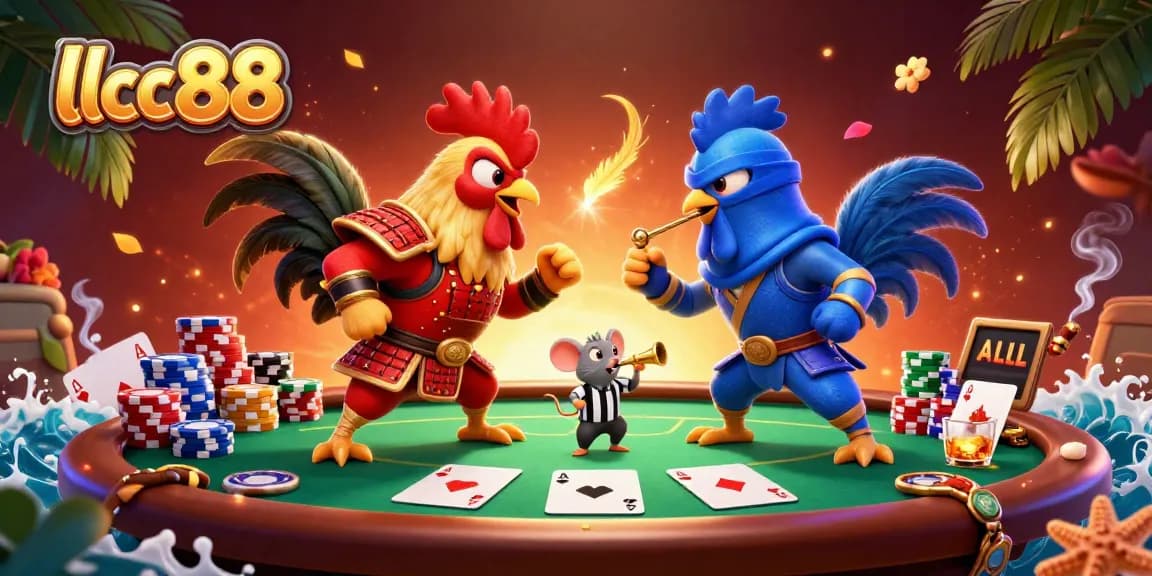 Experience thrilling showdown at lclc88 with 3D fighting roosters in a vibrant poker scene.