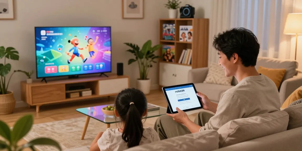 Family using rokok88 login on tablet in cozy living room with electronic devices.