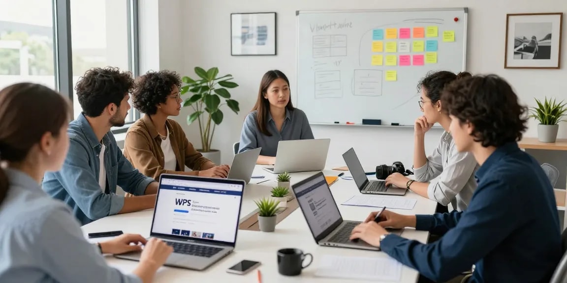 Engaged team collaborating in a modern office featuring the WPS Official Website for enhanced productivity.