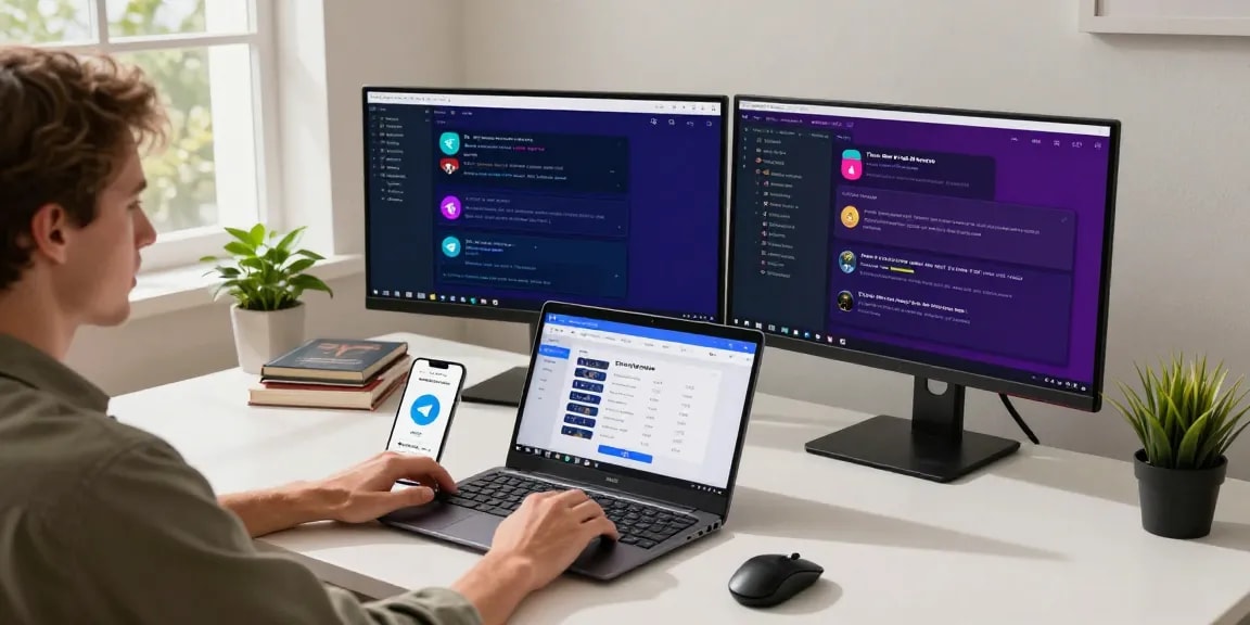 Accessing the Telegram web version in a modern workspace with dual monitors and stylish decor.