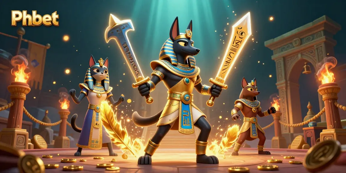 Experience thrilling gameplay at Phbet with an epic illustration of Anubis and Bastet amid golden treasures.
