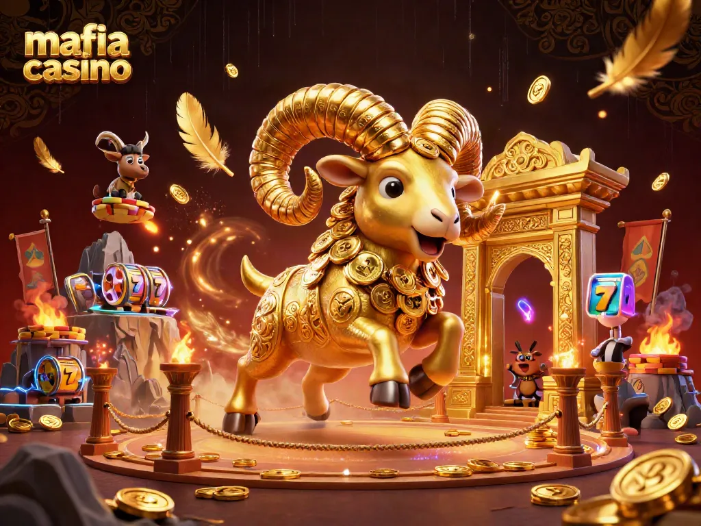 Engage in the excitement of mafia casino gaming with a dynamic scene of golden ram characters and vibrant casino elements.