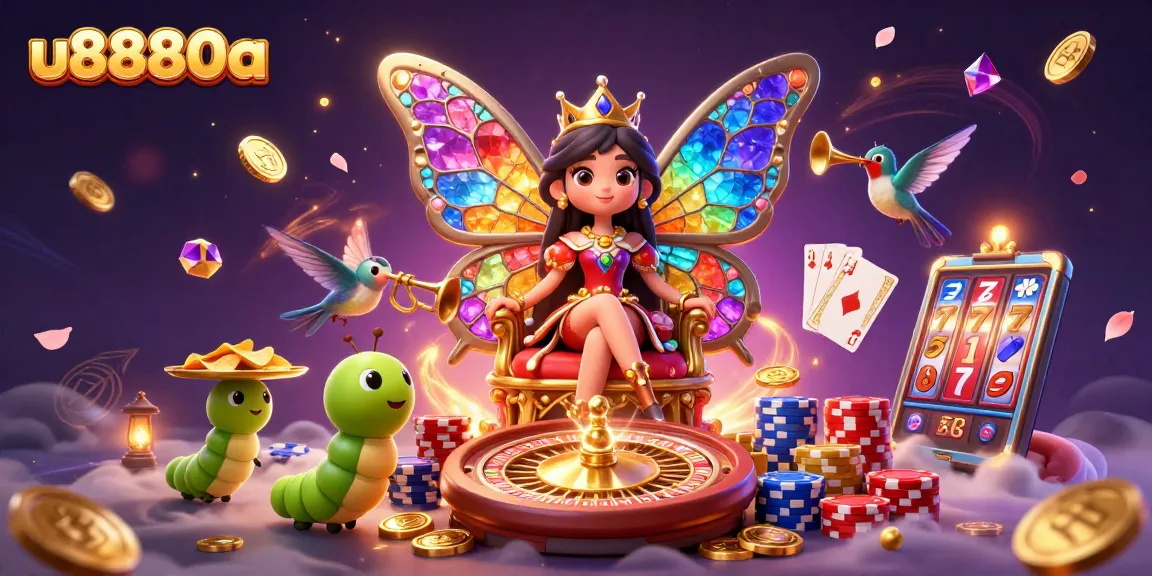 Experience the enchanting world of u8880a with a colorful butterfly queen and dynamic casino elements.