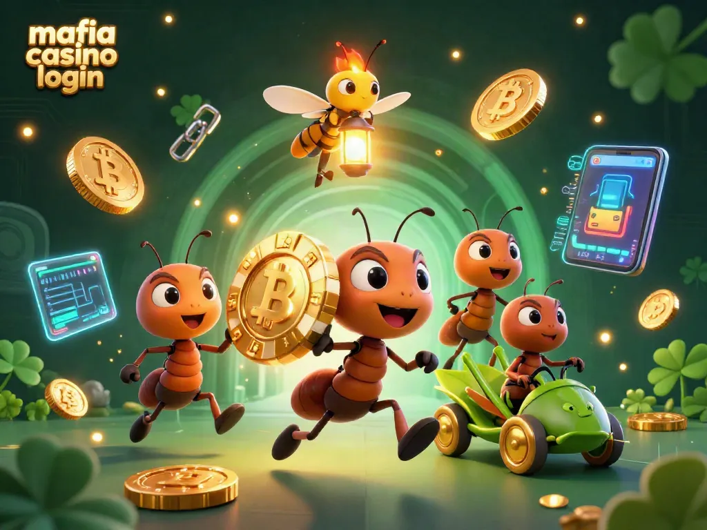 Join the action with mafia casino login as ants execute a heist, showcasing golden poker chips and neon crypto elements.