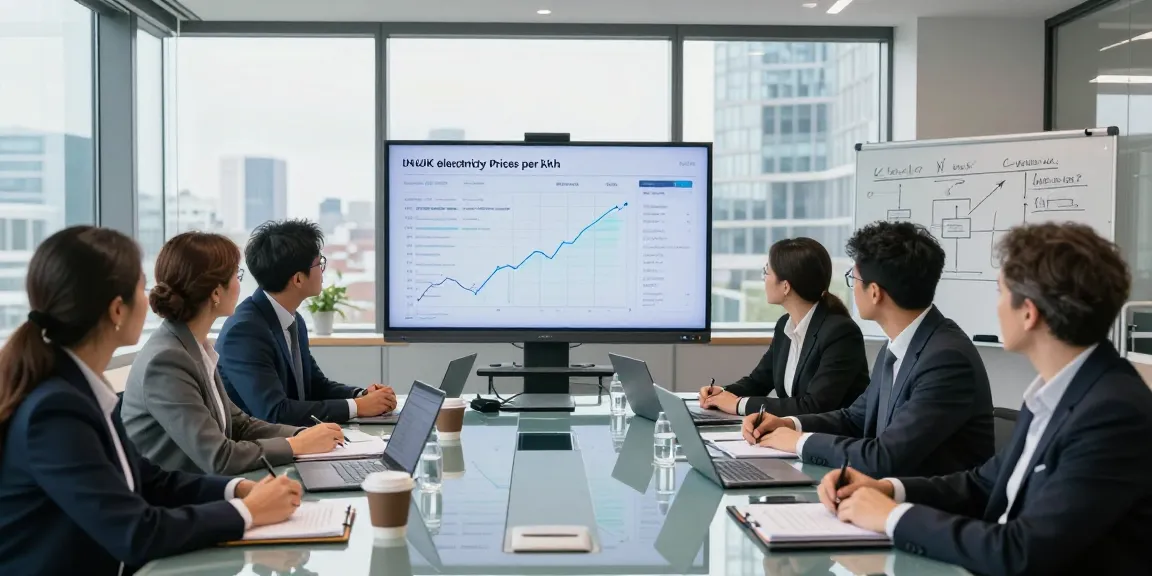 Business team discussing uk electricity price per kwh april 2026 in a modern office atmosphere.