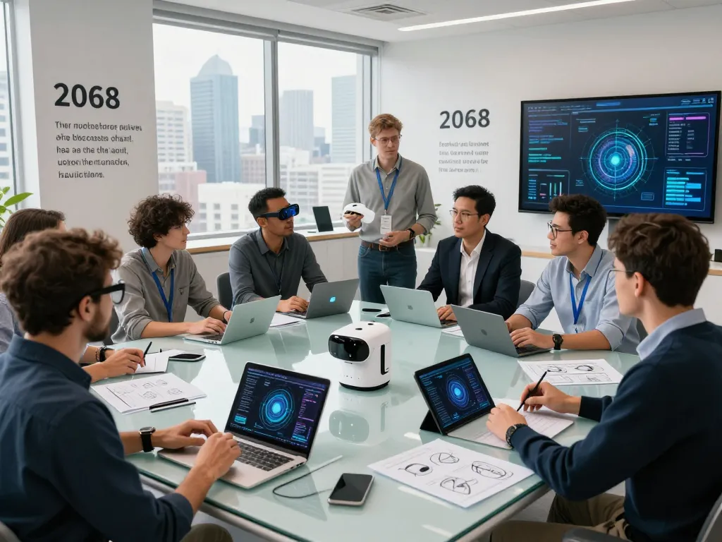 Innovators collaborating on the latest tech gadgets 2068 in a bright urban tech hub.