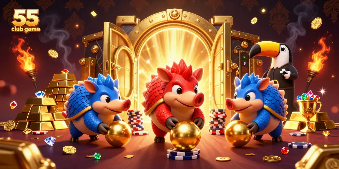 Engage in the 55 club game with rival pangolins bowling through poker chips amidst treasures!
