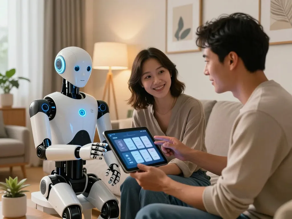 AI sex robot engaging with a couple in modern living room setting, showcasing intimacy and technology.
