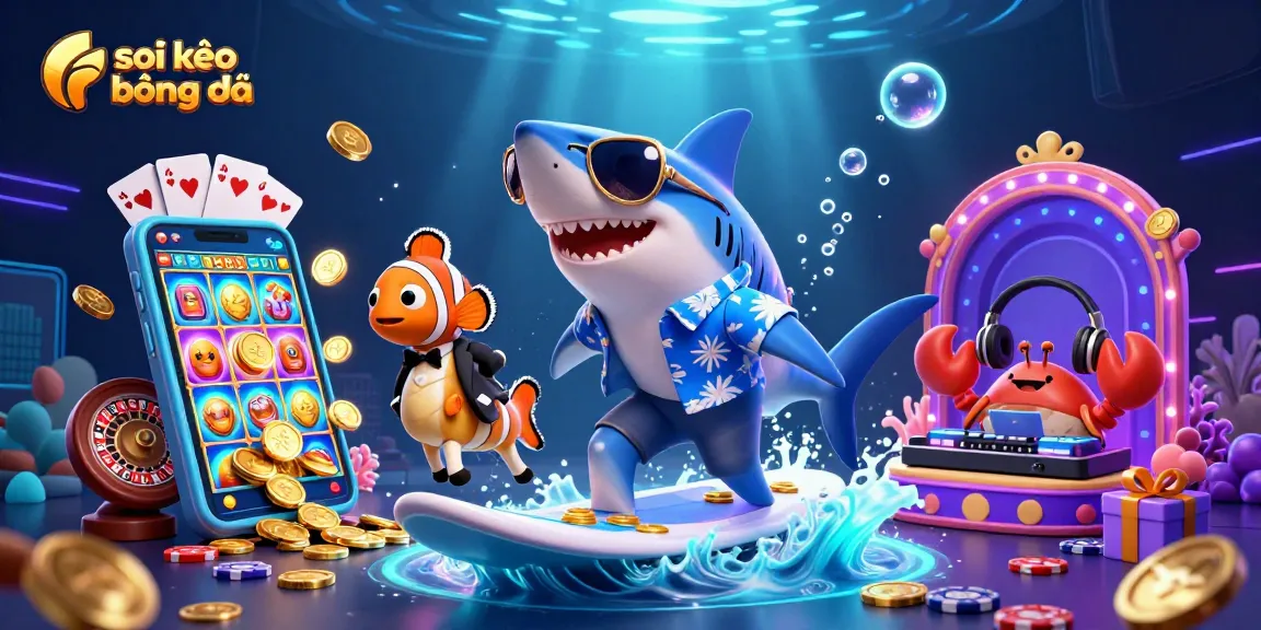 Soi kèo bóng đá illustration featuring a shark and clownfish amidst vibrant casino elements in 3D