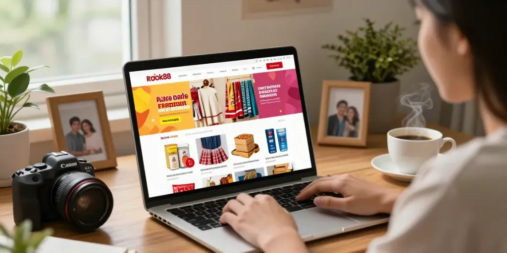 Shopper exploring rokok88 super products online in cozy home office.