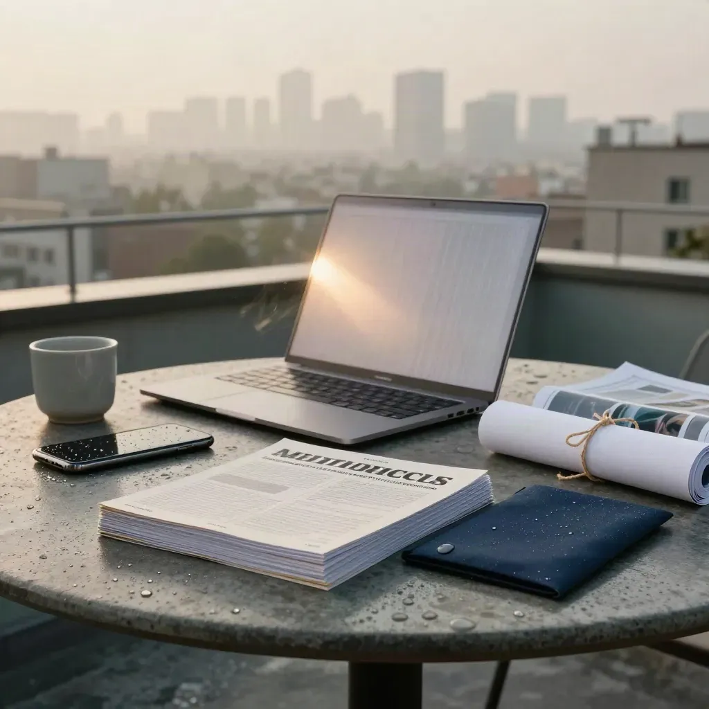 Laptop, smartphone e card media su un tavolo bagnato sul tetto di Milano all’alba.