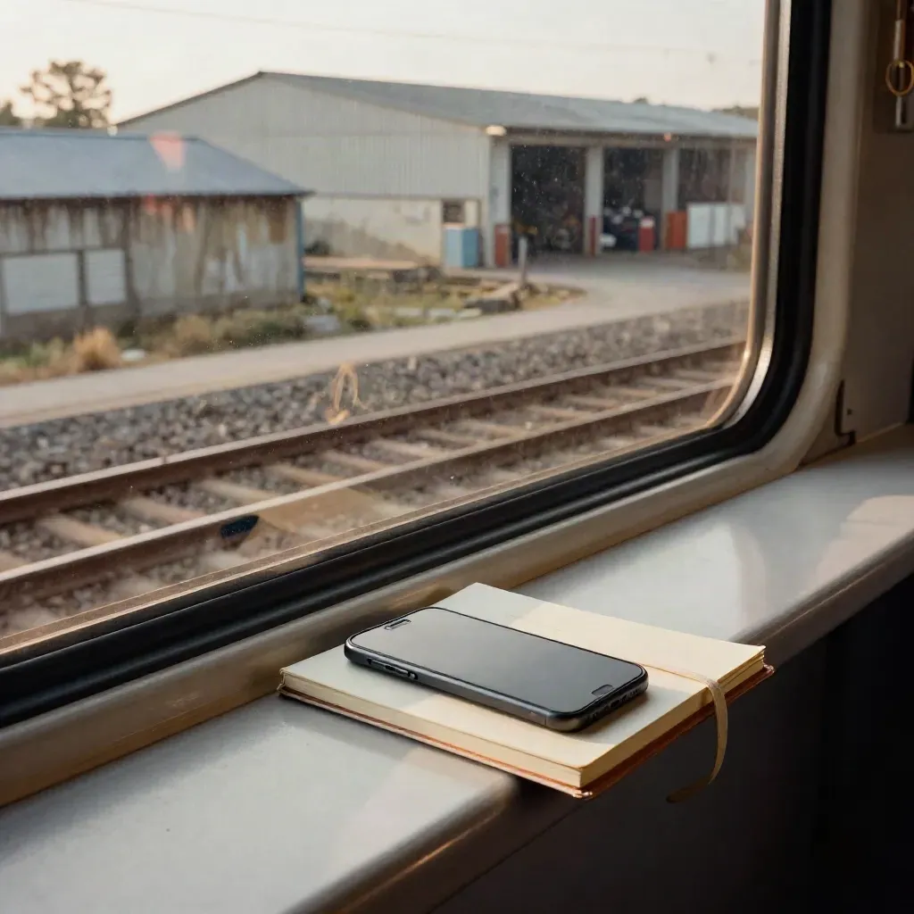 Vista dal finestrino di un treno con telefono e taccuino sul davanzale, tra capannoni in movimento.