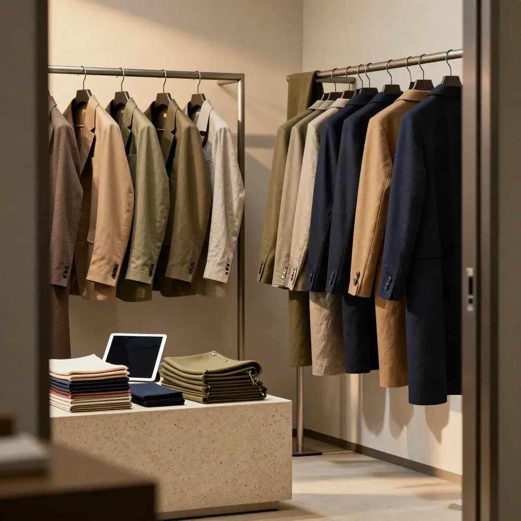 Corner di showroom moda con campioni tessuto, tablet chiuso e appendiabiti in luce calda.