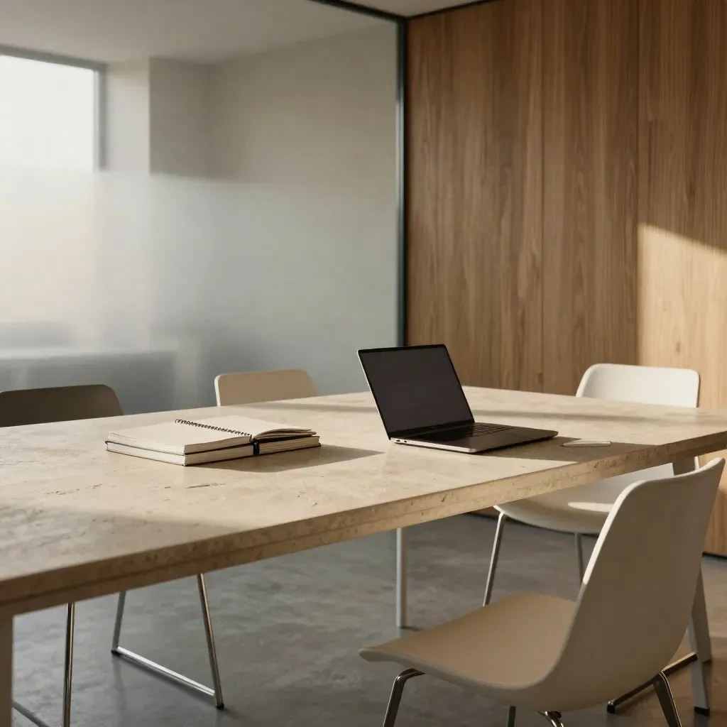 Sala boardroom con tavolo chiaro, laptop chiuso e sedie modulari in attesa del pitch.