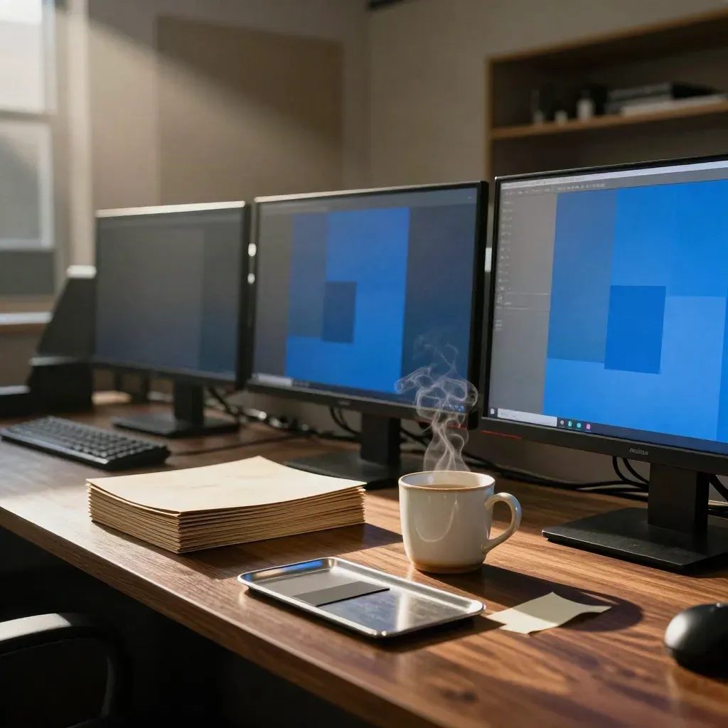 Banco di test agenzia con monitor inclinati, bustine carta e tazza di caffè in luce drammatica.