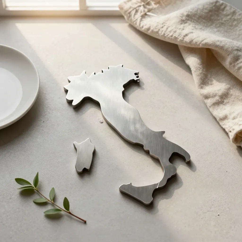 Silhouette d’Italia in acciaio con piattino in ceramica e ramoscello su fondo chiaro.