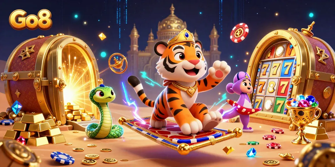 Engage with Go8's vibrant casino adventure featuring a magical tiger sultan among treasures.