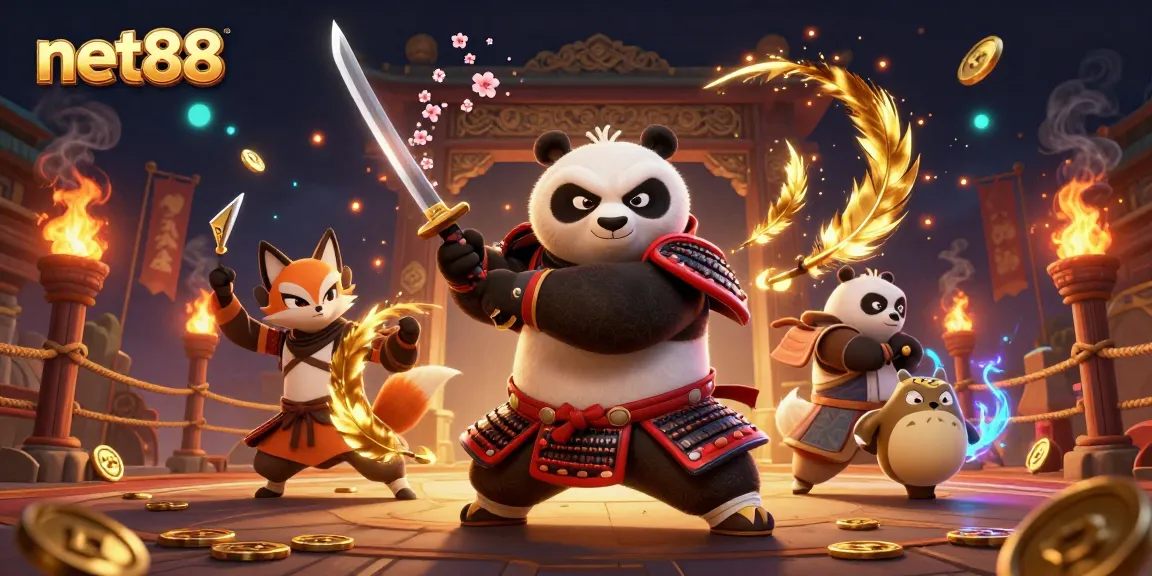 Experience the excitement of net88 with a dynamic 3D illustration of a samurai panda and ninja fox in action.
