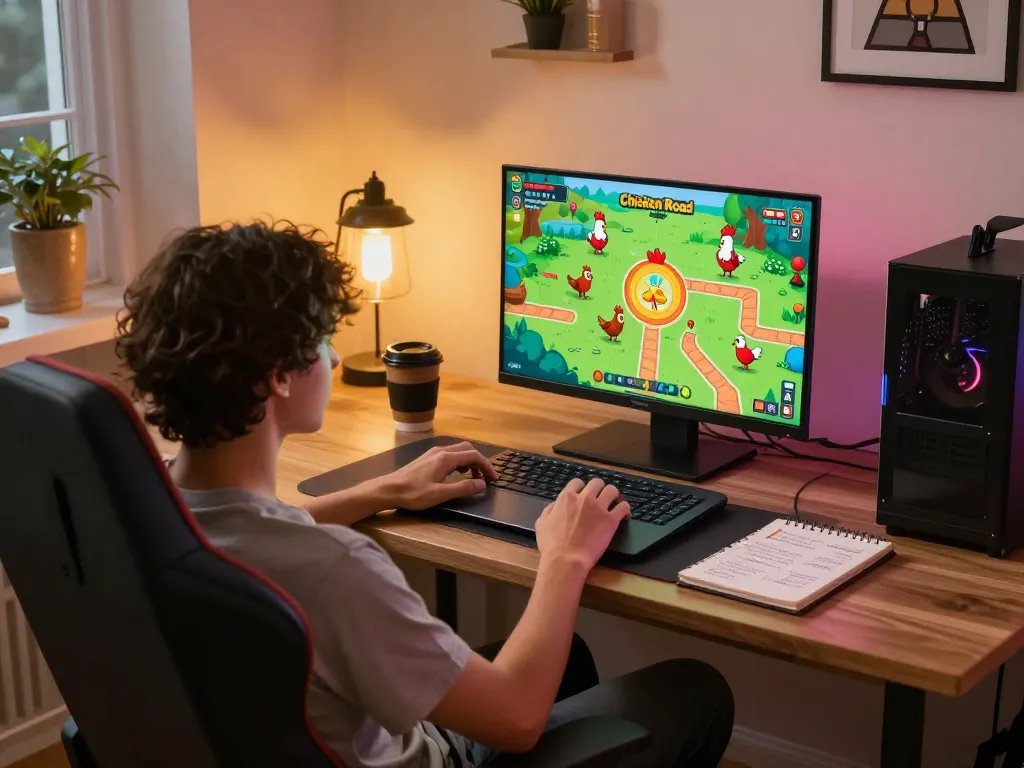Giocatore che si diverte con Chicken Road recensioni mentre gioca a casa, mostrando un gameplay coinvolgente.