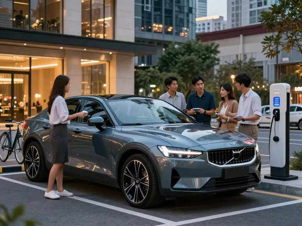 Noleggio a lungo termine Polestar in un contesto urbano moderno con professionisti felici.