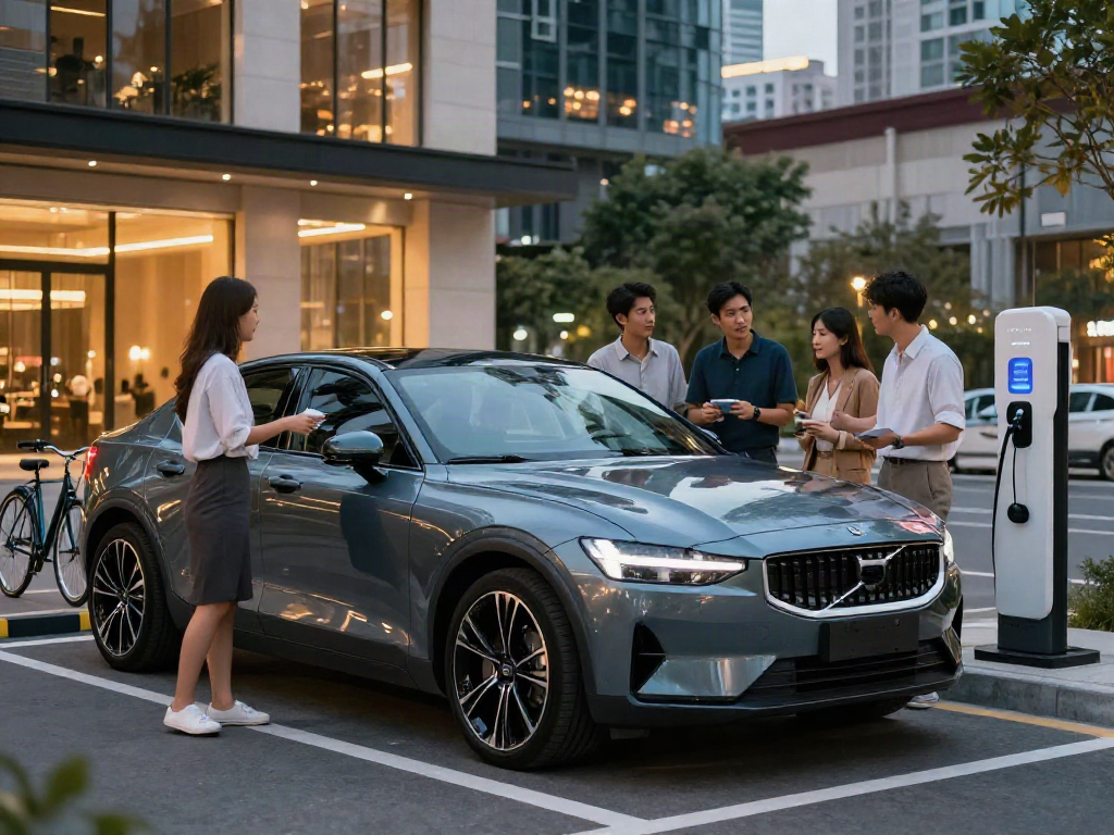 Noleggio a lungo termine Polestar in un contesto urbano moderno con professionisti felici.
