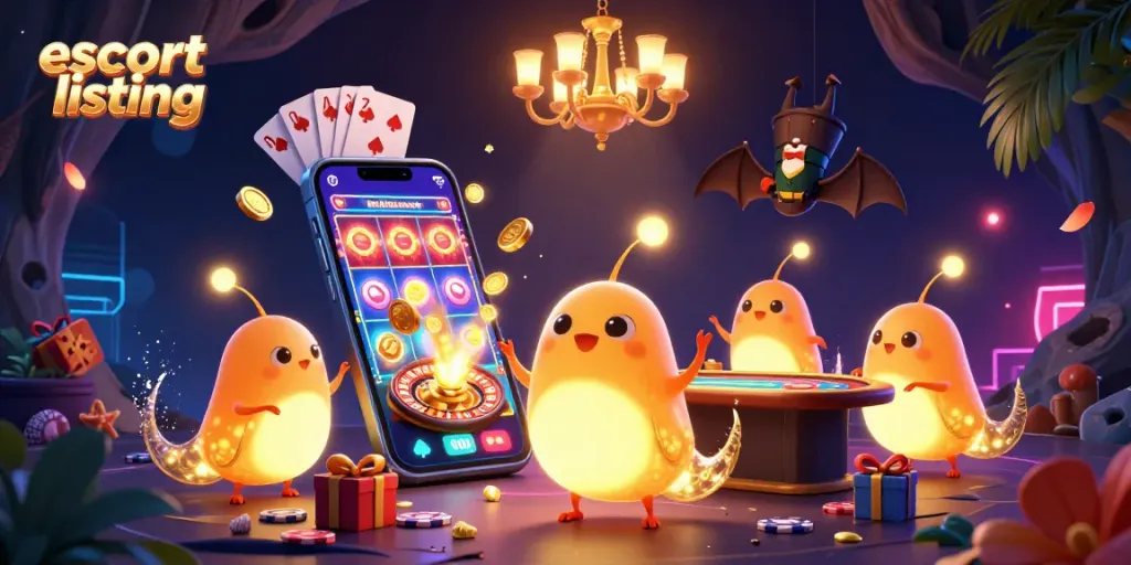 Experience the vibrant escort listing scene with glowing characters and casino elements, engaging in delightful gambling activities.