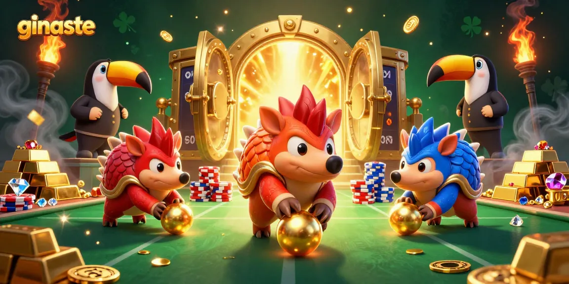 ginaste pangolins rolling golden balls through poker chips in a colorful casino scene