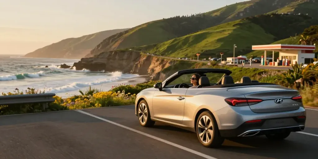 Noleggio lungo termine Hyundai: auto moderna in viaggio lungo una strada costiera durante il tramonto, riflettendo uno stile di vita avventuroso.
