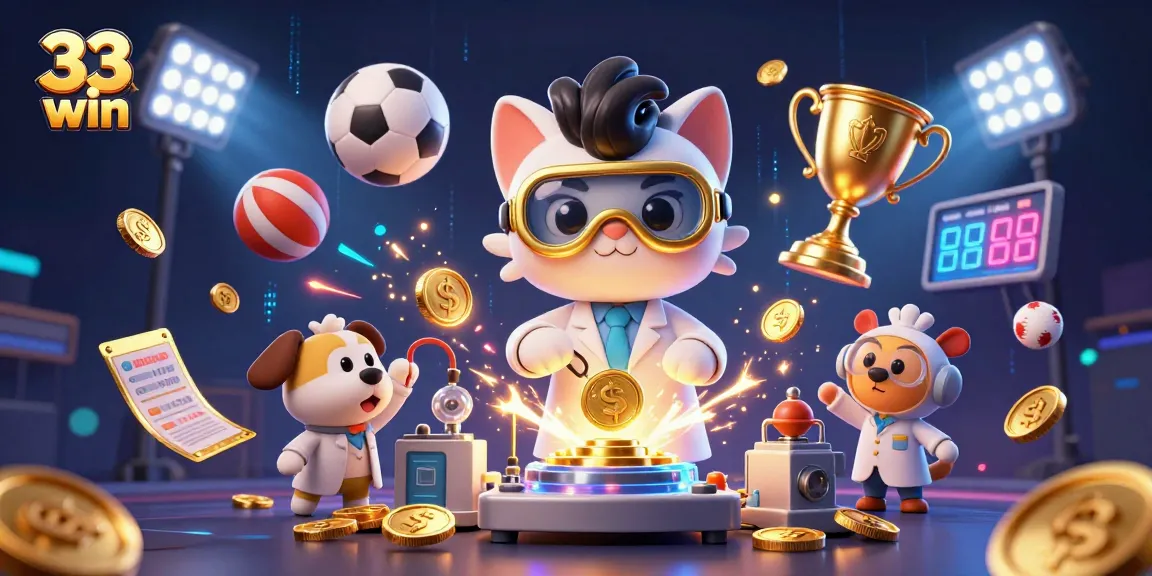 Join the excitement of 33 win with a vibrant 3D casino illustration depicting sports betting energy and game elements.