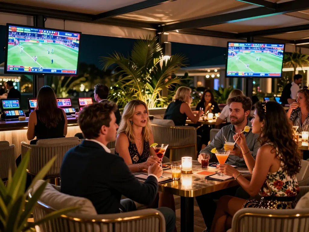 House betting scene at nhà cái F168 with patrons analyzing odds and placing bets while enjoying drinks, vibrant atmosphere.