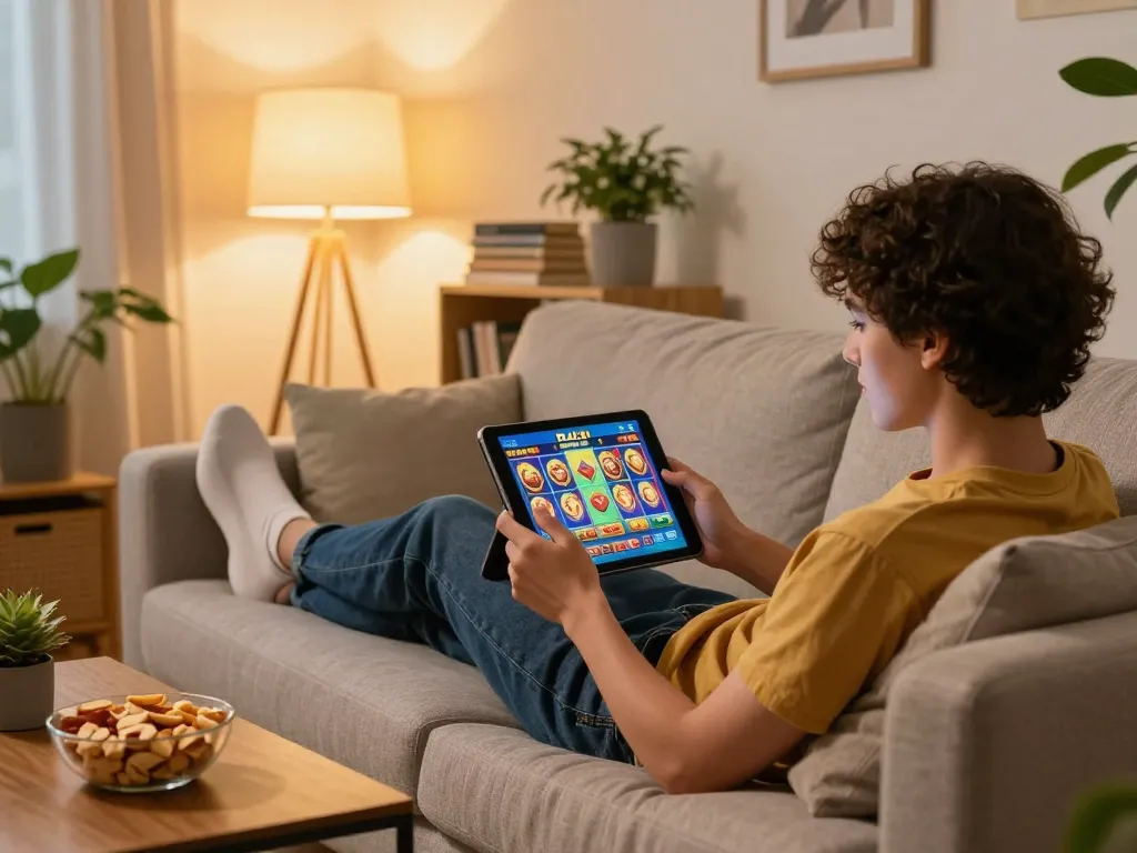 Engaged player experiencing raja slot on tablet in a cozy home environment.