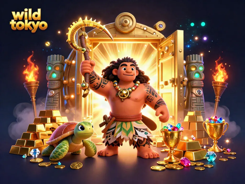 Play at Wild Tokyo Casino with vibrant jackpots and treasures in a playful 3D scene.