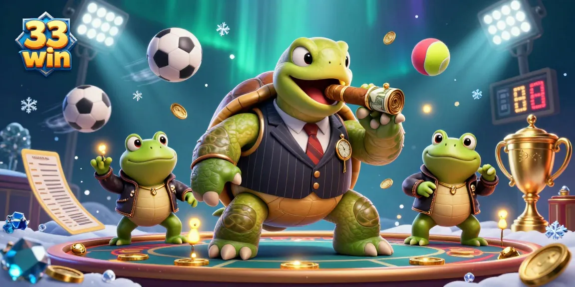 Experience thrilling wins with 33 win in a vibrant 3D casino scene featuring animated characters and game elements.