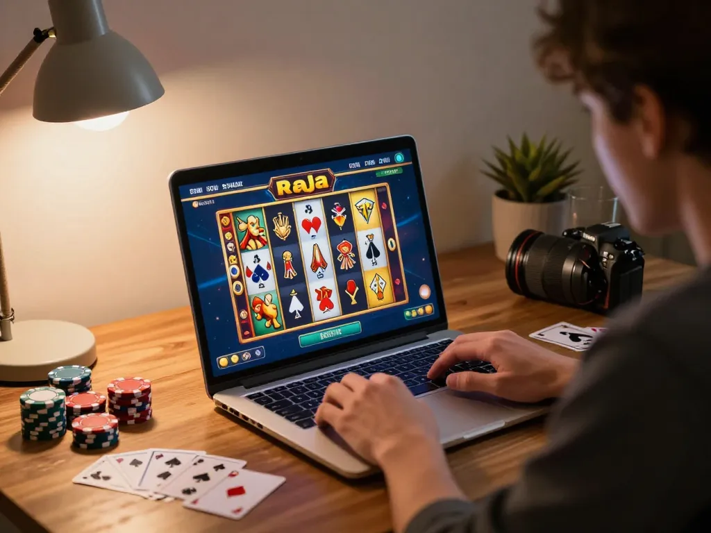 Pemain menikmati permainan raja slot di laptop, dikelilingi oleh chip poker, pencahayaan hangat.