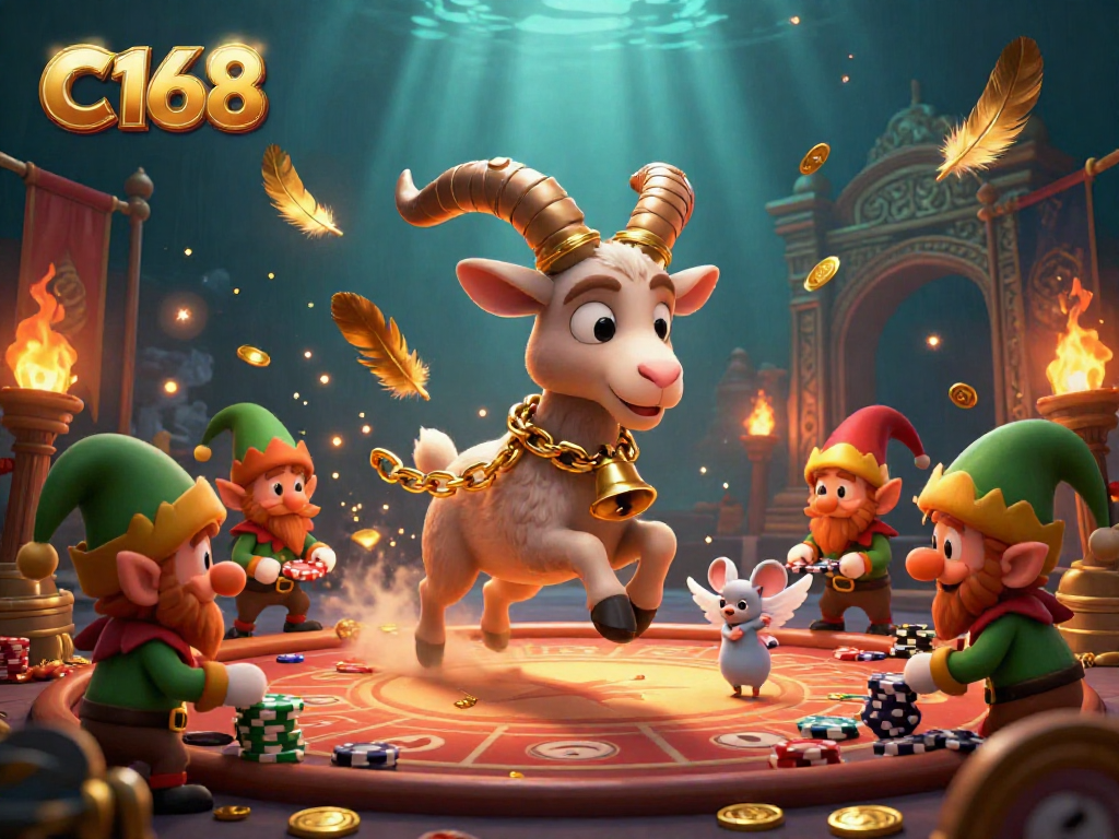 C168 showcases a vibrant casino scene with a whimsical Krampus goat amidst playful chaos, full of excitement.