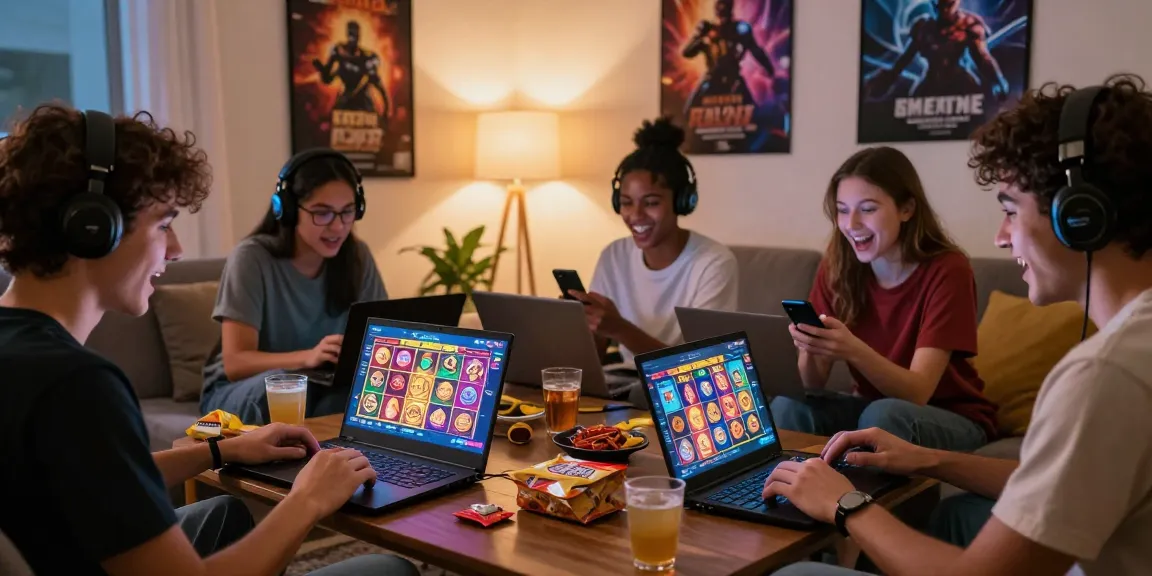Group enjoying rokok88 login session while playing online slot games in cozy living room setting.
