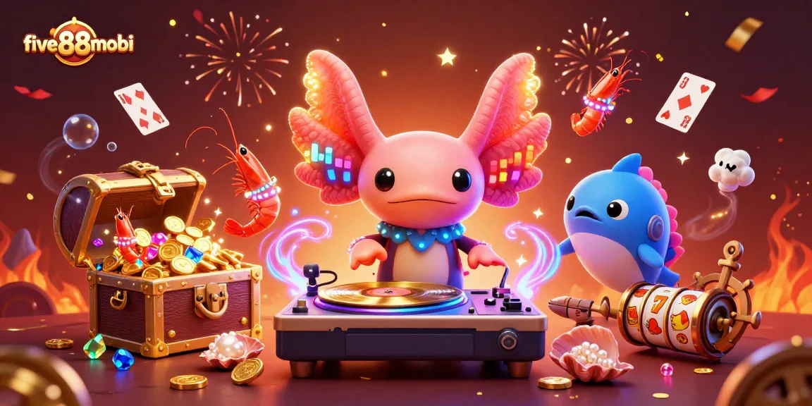 Experience vibrant entertainment at five88mobi with an axolotl DJ spinning at an underwater casino.