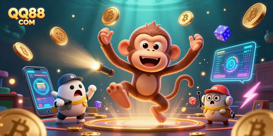 Experience gambling excitement with QQ88 COM's immersive 3D casino scene featuring a playful monkey.