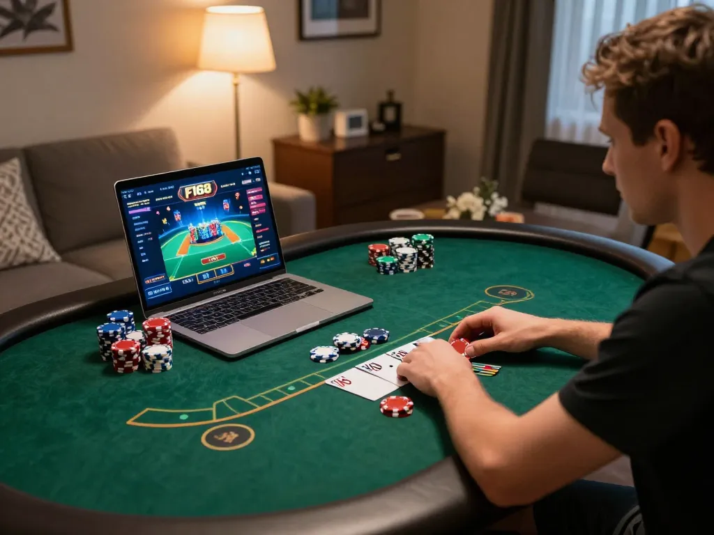 Engaging in online poker gameplay at F168 with vibrant interface and strategic setup.