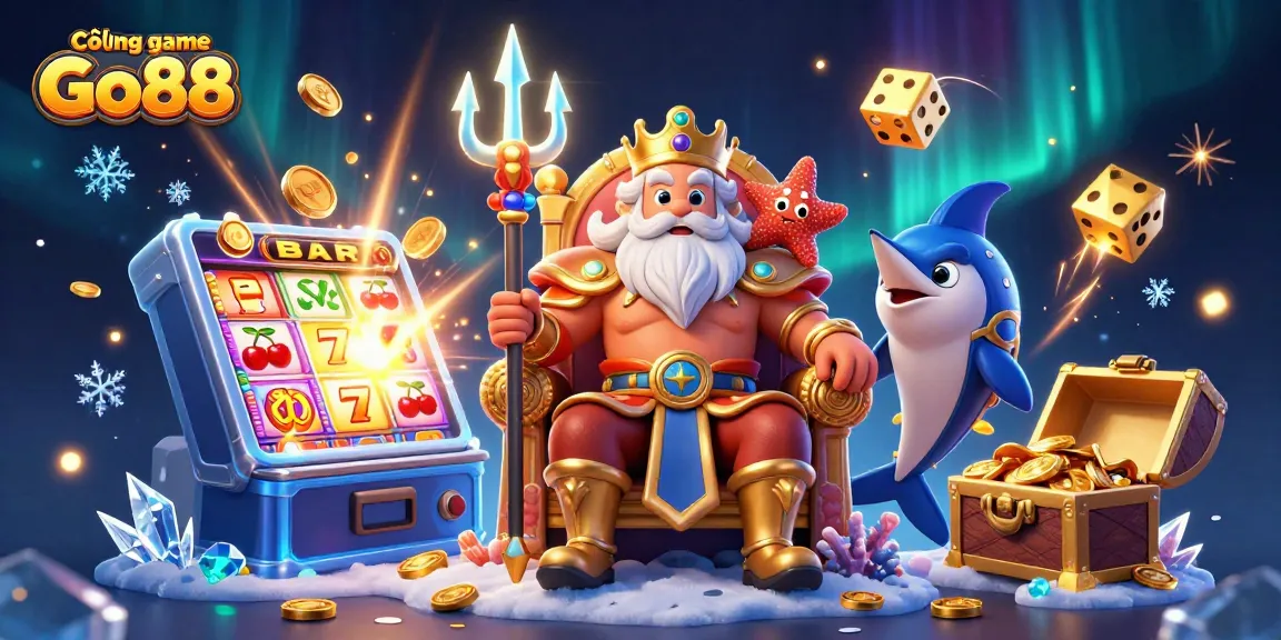 Cổng game Go88 showcases Neptune and friends amid exploding jackpots, vibrant casino elements.