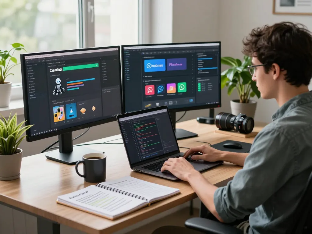 Developer using Clawdbot AI assistant on multiple monitors in a modern workspace.