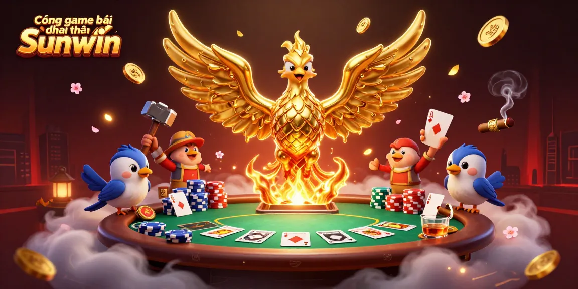 Experience the excitement of Cổng game bài đổi thưởng Sunwin with this vibrant casino scene filled with poker elements.